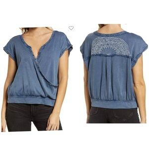 Free People Wrap It Up Crop Top Blue White Embroidered Cotton Short Sleeve Sz S